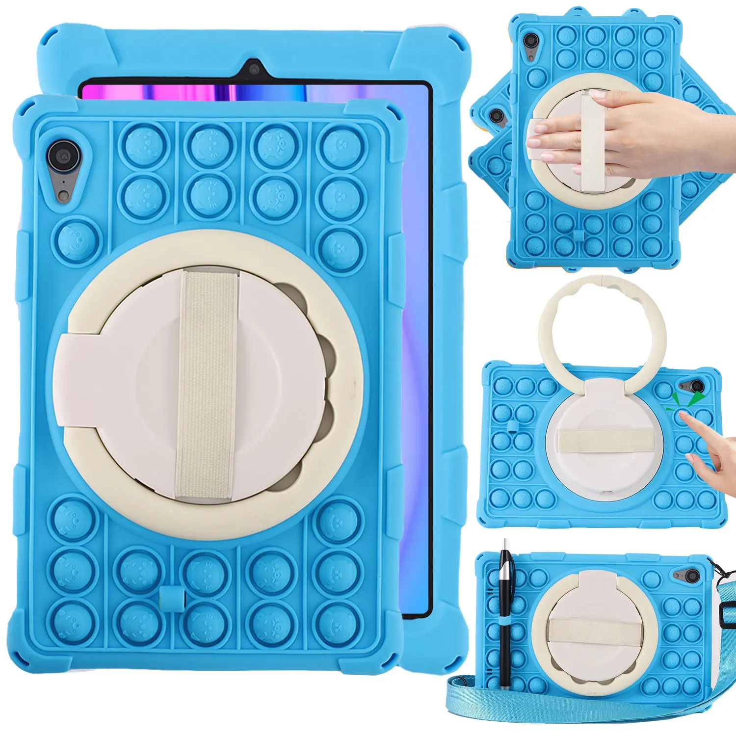 Shockproof Silicone Cartoon Bubble Kids Tablet Case with Shoulder Strap & Stylus Holder