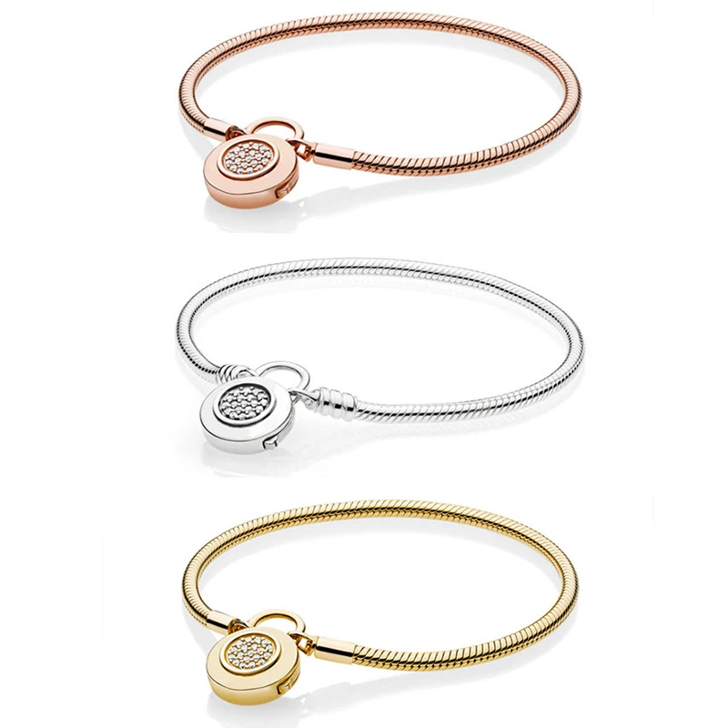 925 sterling silver basic classic three colors lock your heart smooth Pan bracelet DIY high quality fashion jewelry
