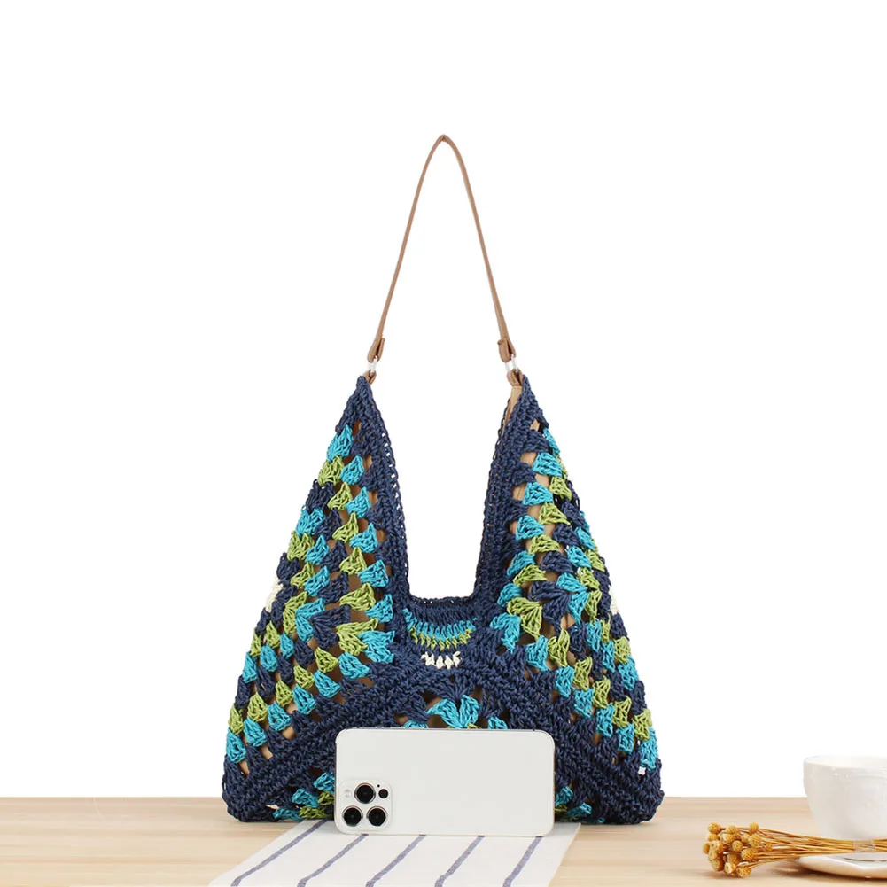 Women Summer Beach Bag Large Capacity Crochet Hobo Bags Hollow Out Handbags Patchwork Hasp Closure for Beach Vacation