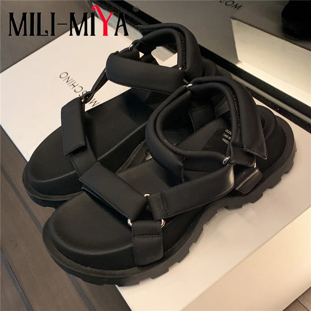 

MILI-MIYA Classic Concise Design Women Summer Sandals Hook Loop Round Toe Solid Color Size 34-40 Comfortable Street Shoes