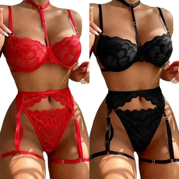 Women's Sexy Patchwork Lingerie Set with Bra Garters And Thong See through Erotic Underwear Ladies Adult Costume Accessory
