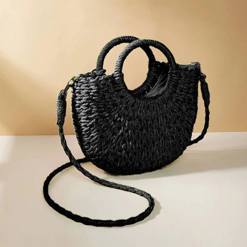 Summer Handmade Bags for Women Beach Weaving Ladies Straw Bag Wrapped Beach Bag Moon shaped Top Handle Handbags Totes