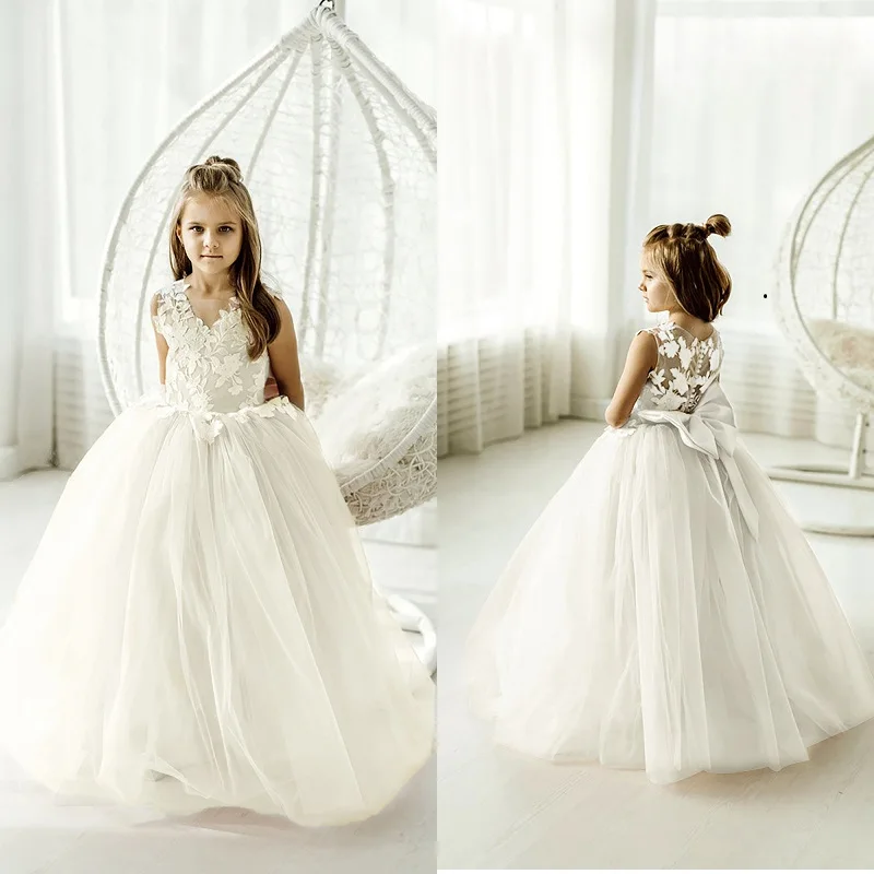 

Champagne Ivory Girls Ball Gown Cute Bow-knot Lace Flower Girls Dress For Wedding Christmas Dress For Girls Robe Princesse Fille
