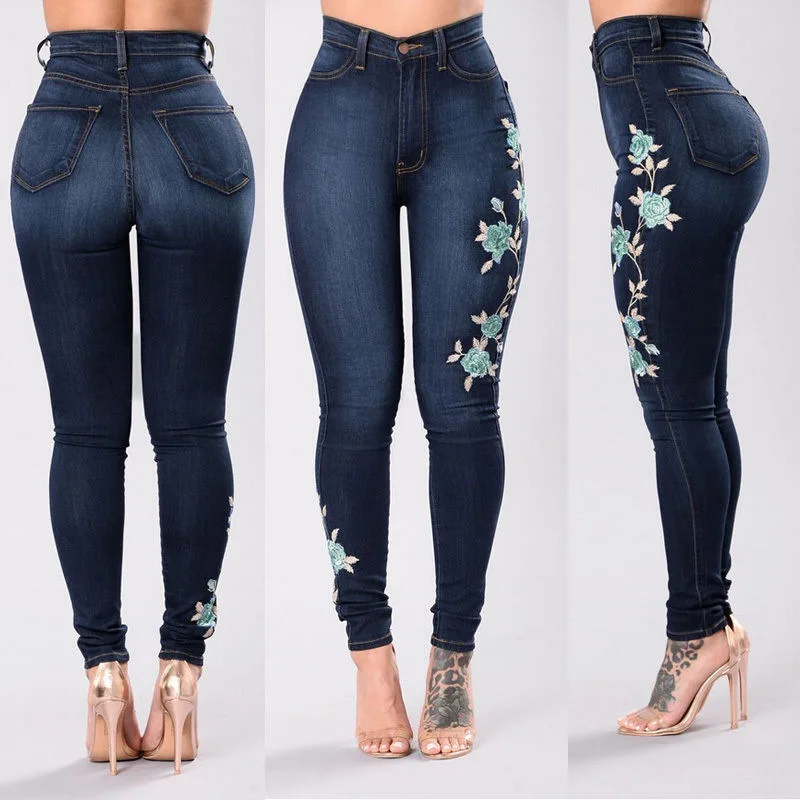 

Skinny Women's Casual Dark Blue Embroidered Jeans High Waist Pack Butt Pencil Pants Stretch High Waist Women's Jeans