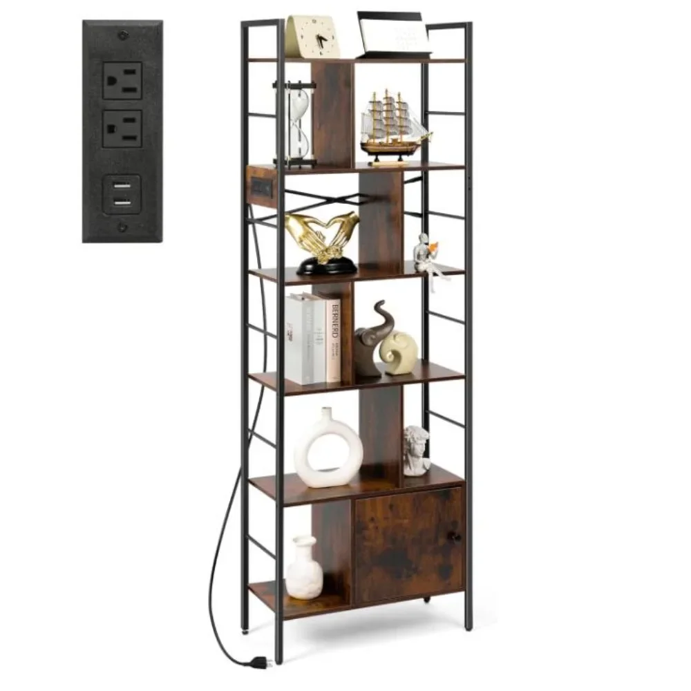 

6-layer Bookshelf, Industrial Bookshelf with Sockets and Cabinets, Suitable for Home Offices, Living Rooms, Bedrooms,Rural Brown