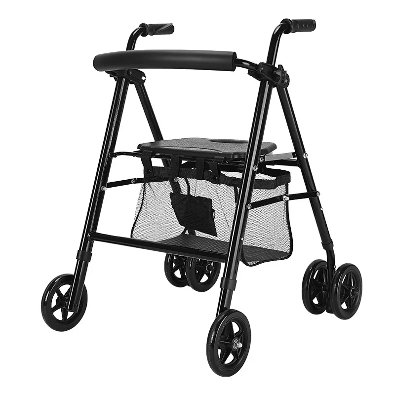 Foldable Walkesr with Seat & Adjustable Height-Mobility Aids Push Cart for Elderly,Portable Assistive Walking Support Rollator