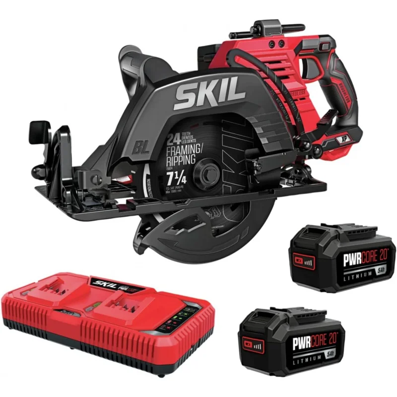 

Brushless 7-1/4” Rear Handle Circular Saw Kit Includes Two 5.0Ah Batteries and Dual Port Auto PWR Jump Charger Red