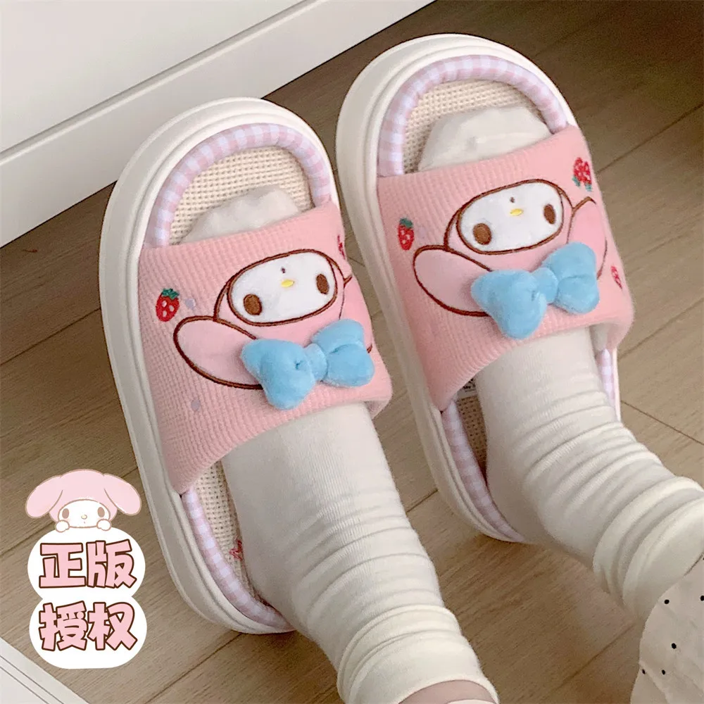

New Creative Sanrios My Melody Flax Slippers Kawaii Anime Kuromi Cinnamoroll Homewear Soft Bottom Slippers for Women