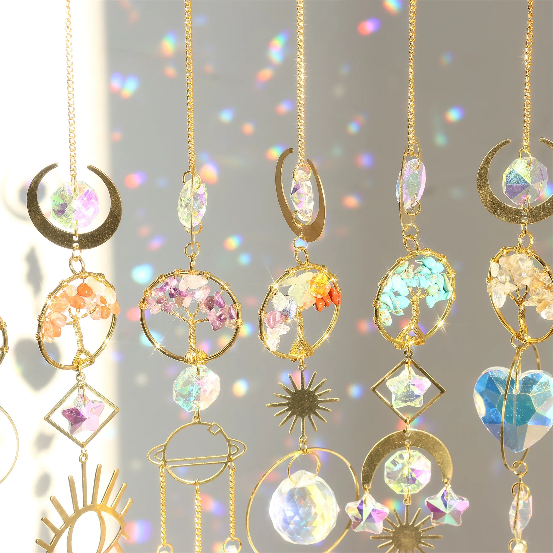 Tree Shape Natural Stone Suncatcher Hanging Prism of Life Sun Catcher Home Outdoor Decorative Pendant Rainbow Maker 41cm