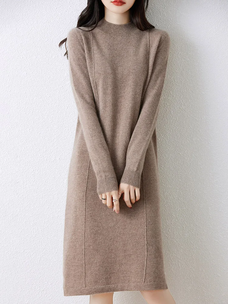 Women's Cashmere Sweater Dress, 100 Pure Wool, Long, Semi-Turtle Neck, Skirt, Loose, Autumn, Winter 6