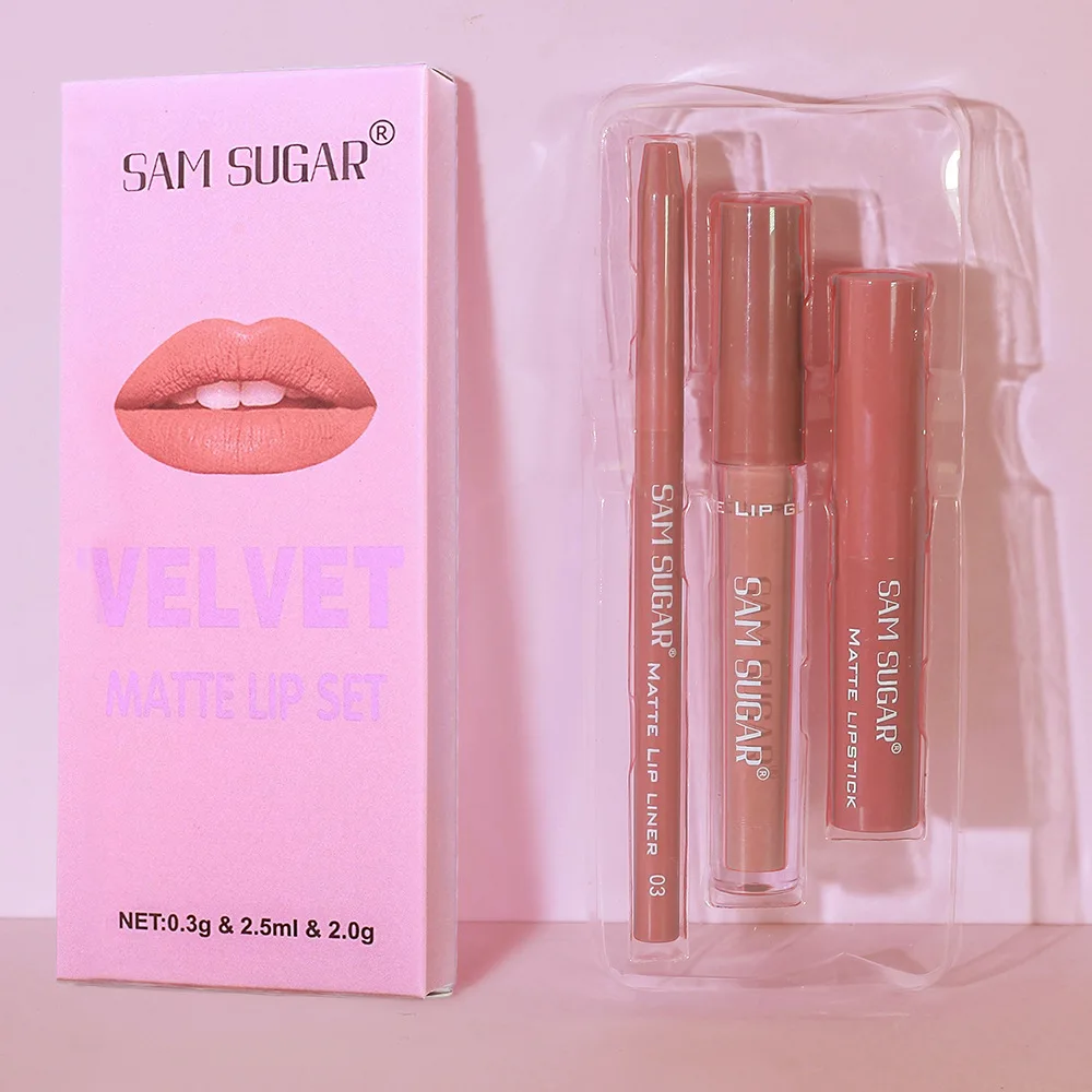 3 pcs/set Velvet Matte Lipstick Lip Gloss Lip Liner Combo Set Matte Long Lasting Easy Color Non-Stick Lipstick Set 3