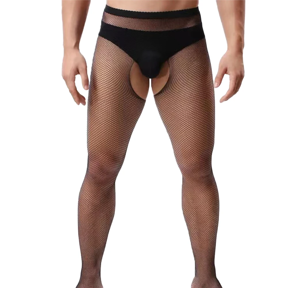 Sexy Men Sissy Pantyhose Fishnet See-through Body Stockings Ultra-thin Open Crotch Underwear Hollow Tights Pants Gay Erotic Wear