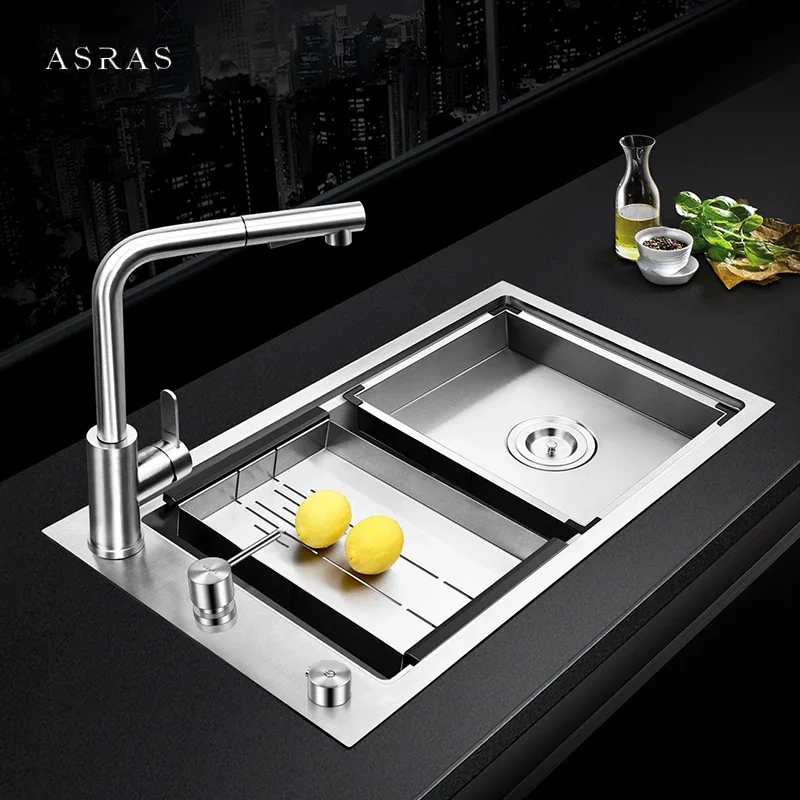 ASRAS SUS 304 боковая кухонная раковина из нержавеющей стали большого размера ручной работы матовая 4 мм Толщина 220 мм Глубина Одиночная кухонная раковина