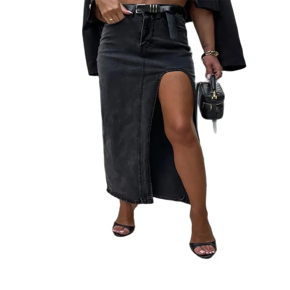 

Summer 2024 Fashion Euro-American Style Midiskirt Women High Waist Irregular Slit Vintage Denim Skirts