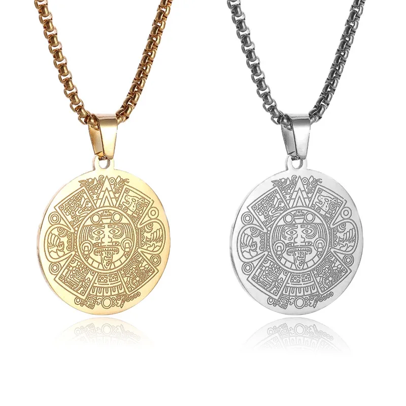 Stainless Steel Amulet Round Aztec Mayan Calendar Pendant Mythical Beast Necklace for Men Women Couple Jewelry