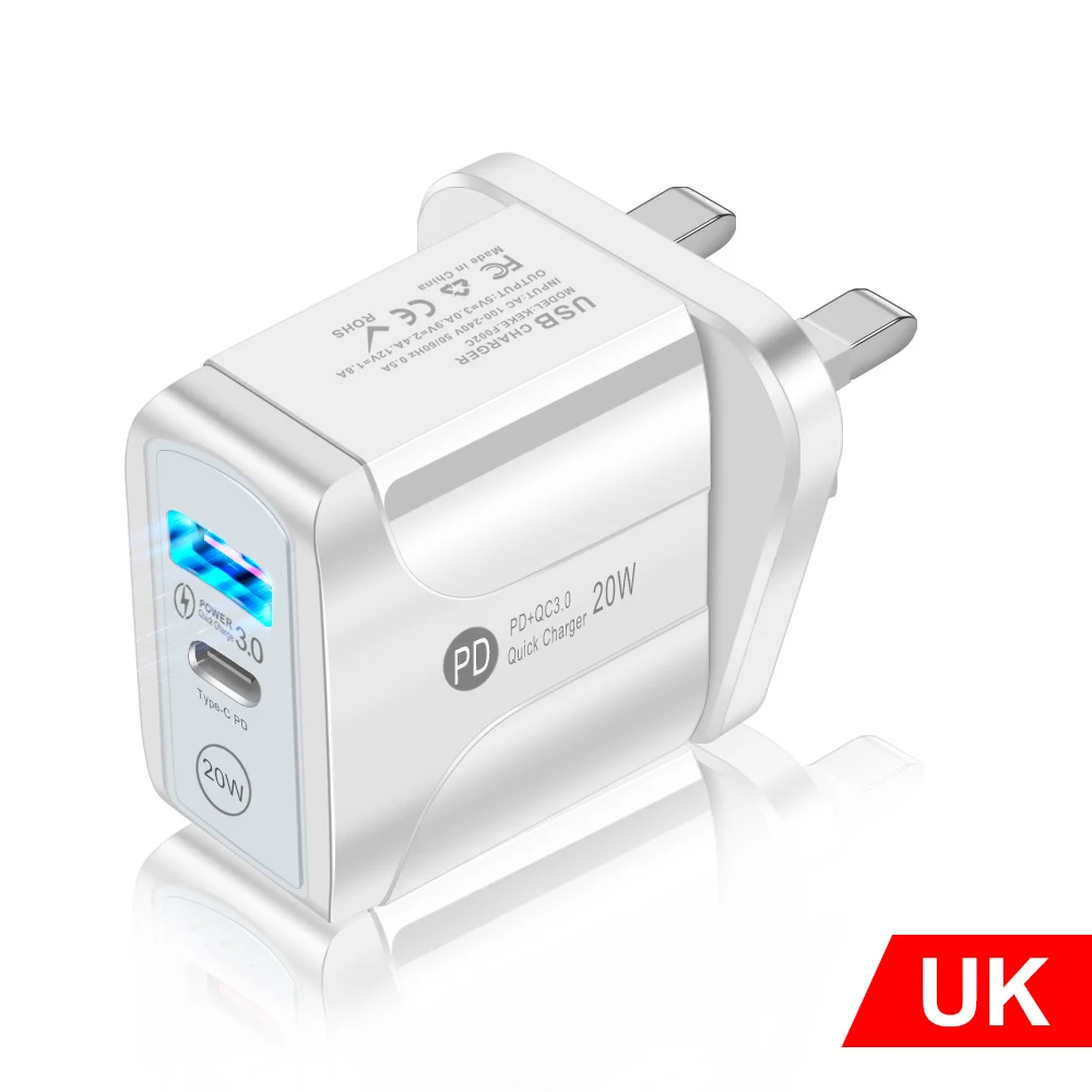 20W QC+PD 3.0 USB 2 Ports Charger Fast Charge for IPhone 12 11 Pro Max X Xs Xr IPad Huawei Xiaomi LG Samsung EU/US Plug Adapter usb 5v 2a Chargers