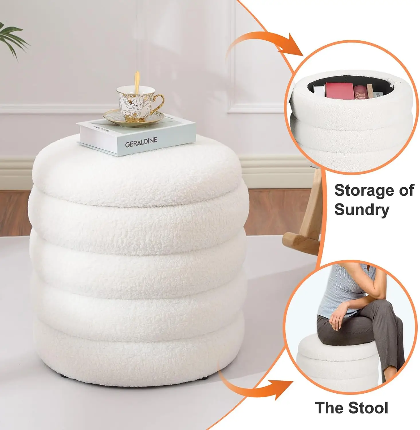 Modern Upholstered Vanity Stool Foot Rest, Small White Boucle Storage Ottoman for Bedroom, Living Room, Entryway, Dorm