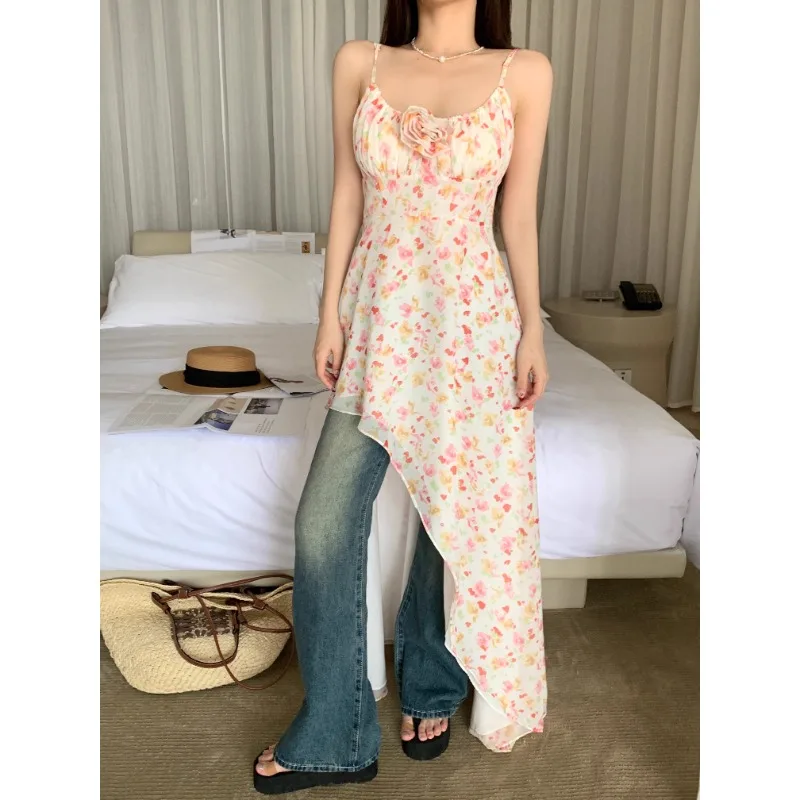 

Korean Floral Printed Asymmetric Sling Dress Women 2024 Spring New Off-shoulder Lace-up Pleated Sexy Slim Mid-length Dress