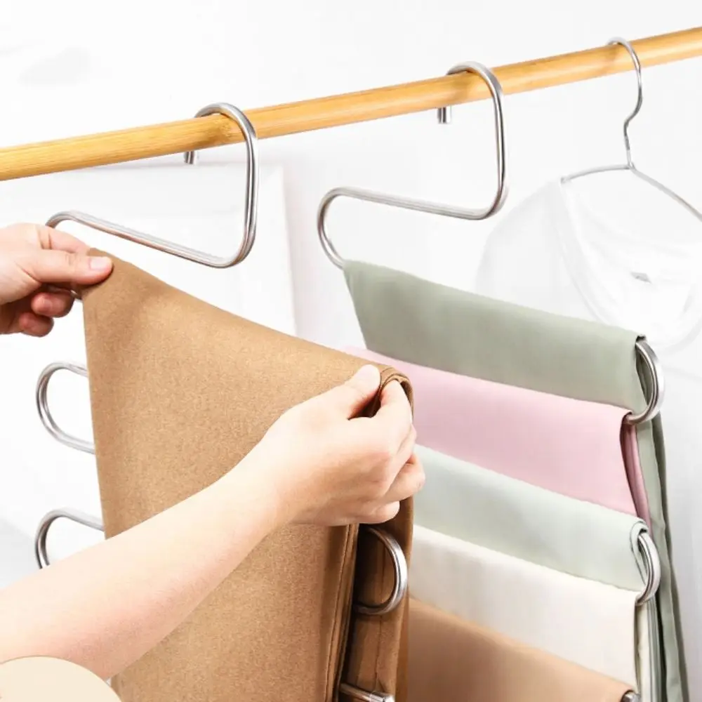 5pcs Stainless Steel Pants Rack Five-Layer Anti Slip Storage Rack Multi-Functional S-shaped Design Multi-Layer Hanger