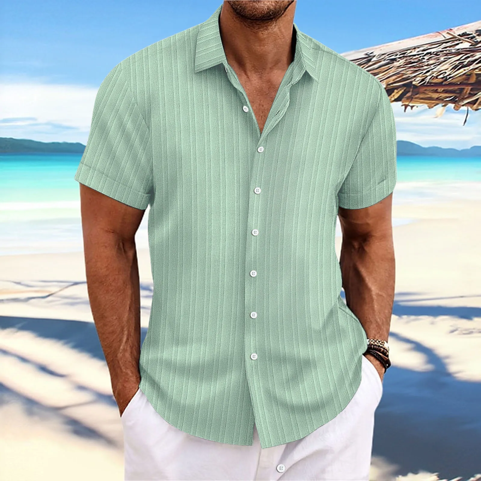 Summer 2024  Men's Loose Casual Trend Solid Color Cardigan Stripe Jacquard short-Sleeved Shirt 4