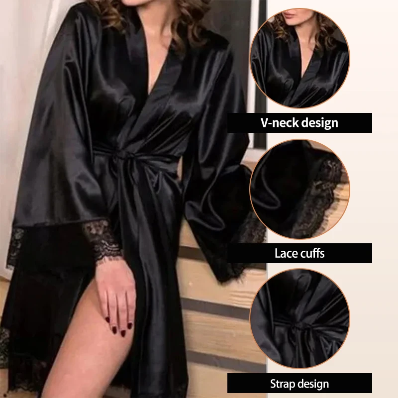 Women's Lace Patchwork Bathrobe Pajamas Women's Soft and Comfortable Solid Color V-Neck Bathrobe Pajamas