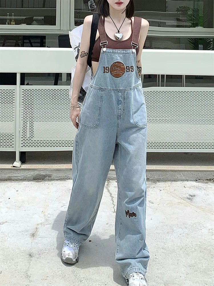 American Vintage Embroidery Letters Denim Jumpsuit Women High Waist Loose Wide Leg Straps Jeans Streetwear Overall Trousers