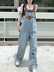 American Vintage Embroidery Letters Denim Jumpsuit Women High Waist Loose Wide Leg Straps Jeans Streetwear Overall Trousers