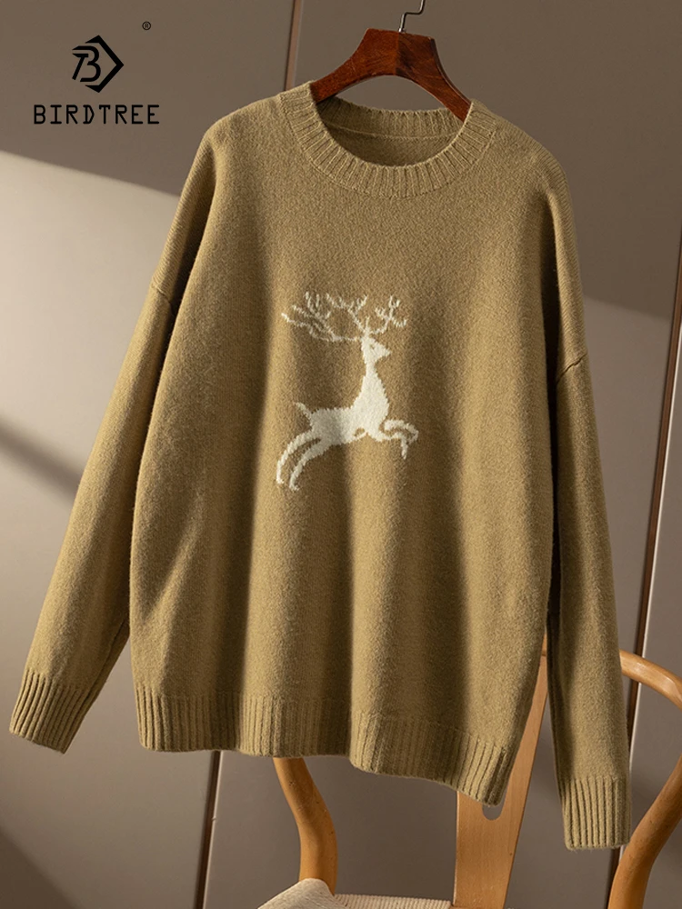 

Birdtree 100%Wool Christmas French Sweater Simple Elk Jacquard Women's Warm Commuting Casual Sweater Autumn Winter New T3N013QC