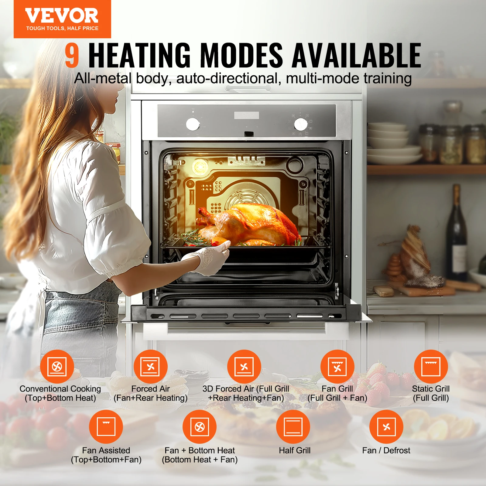 VEVOR Single Wall Oven 24" Electric Built-in Wall Oven 2.68 Cu.Ft Electric Wall Ovens with Timer 2800W Electric Oven for Kitchen 2