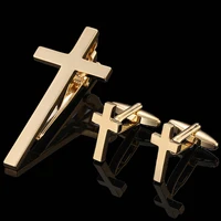 Copper material tie clip cufflink set cross square brushed design fashion brand men's French shirt cufflink business tie clip 6