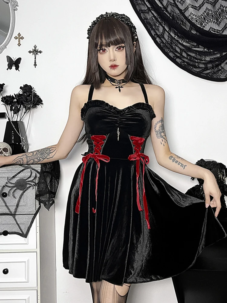 InsGoth Goth Dark Corset Dress Cross Velvet Aesthetic Backless Sexy A Line  Mini Woman Dresses Gothic Street Retro Y2K Partywear - AliExpress