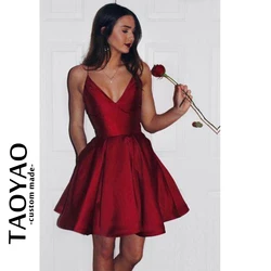 Simple Short A-line Evening Dresses Cute Deep V Neck Sleeveless Satin Evening Gowns Spaghetti Straps Prom Dress Robes De Soirée