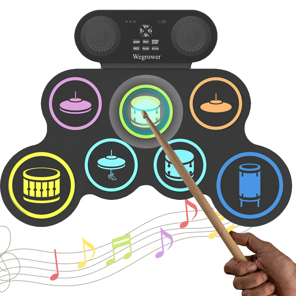 Electronic Drum Set with Drum Sticks and Pedals Roll-Up Practice Pad 7-Pad Electric Set BT for Kids Xmas Birthday Gift