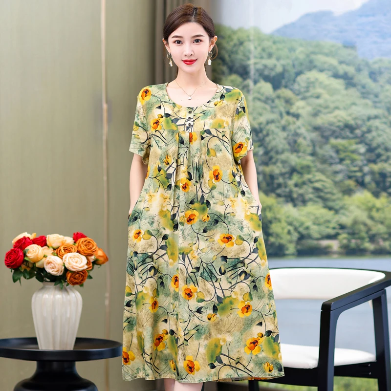 

Elegant Floral Dresses for Women Summer 2023 New Short Sleeve Vintage Print Long Dress Loose Oversize Korean Clothing