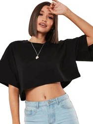 Cotton Women's Short Sleeve Athletic Crop Top - Navel-Baring Yoga & Fitness T-Shirt - S (Black)