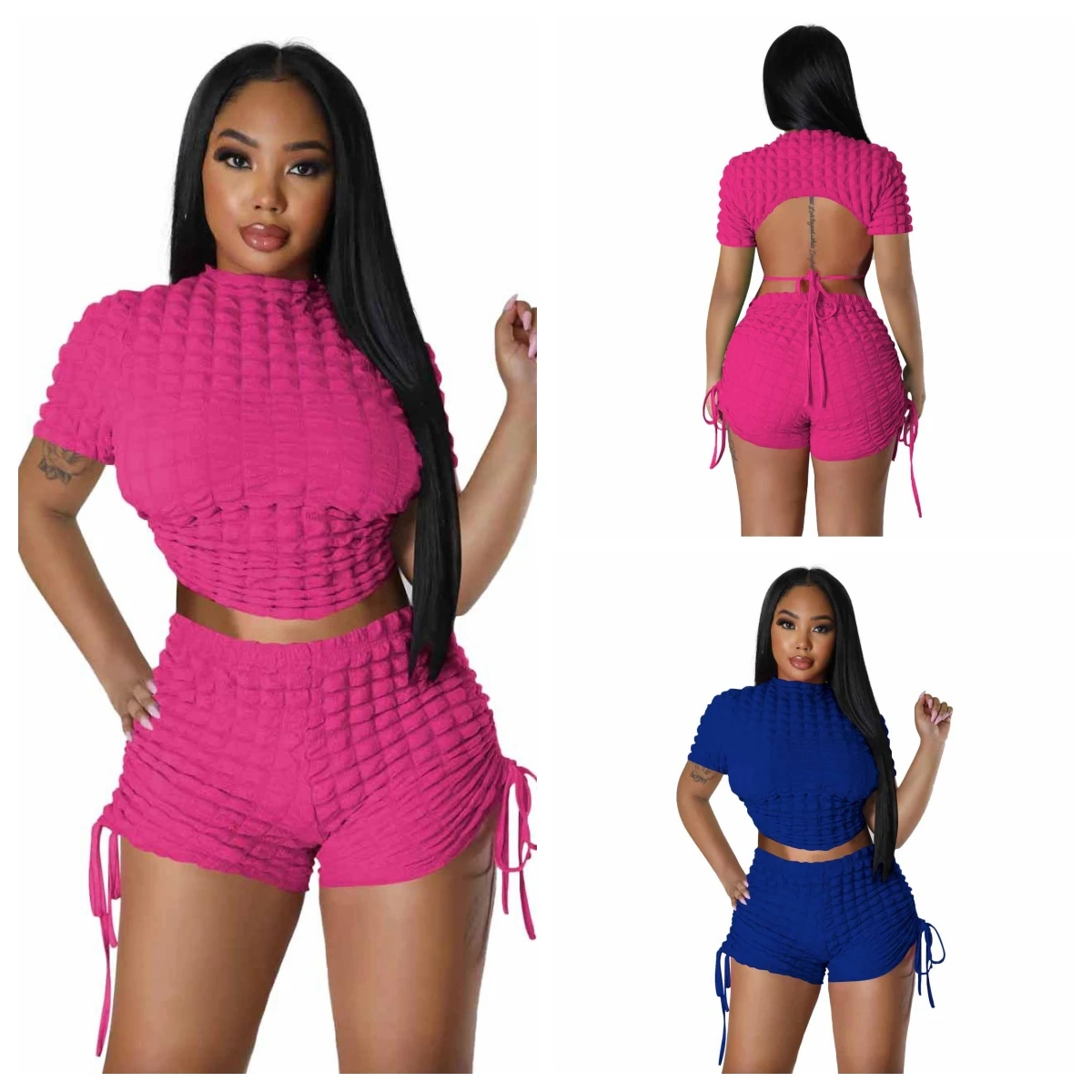 

Seersucker Summer Two Piece Set Women Tracksuits Short Sleeve Lace Up Backless T-shirts Crop Tops Drawstring Shorts Jogging Suit