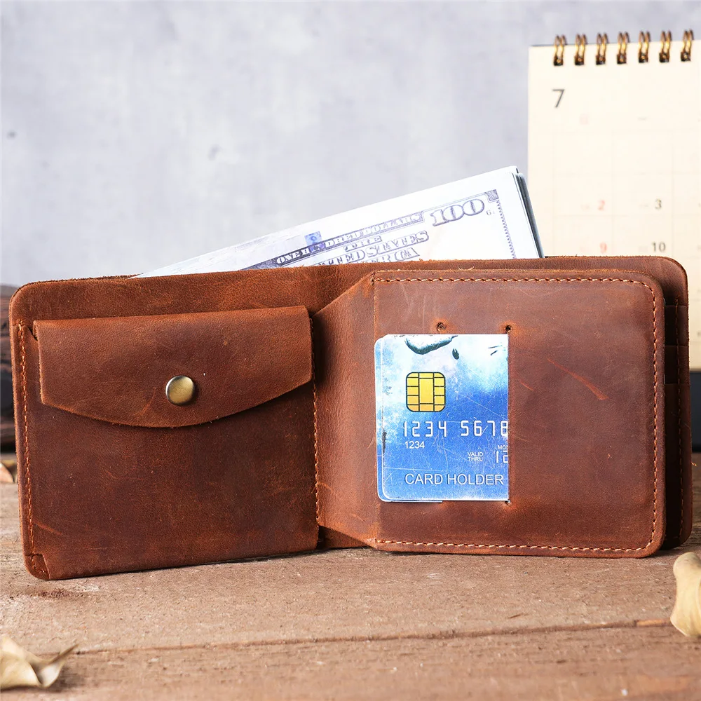 2024 Minimalist Genuine Leather Men Wallet with Coin Pocket Man Credit Card Holder Trifold Short Wallet Handmade Money Bag Purse