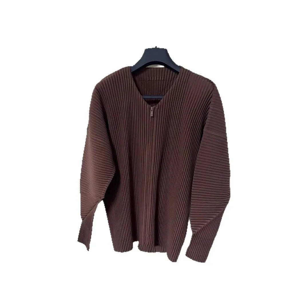 Miyake Primavera Autunno Inverno 2025 Giacca girocollo pieghettata da uomo Pieghettata Casual Manica lunga con scollo a V Plisse Giacca con cerniera da uomo 6
