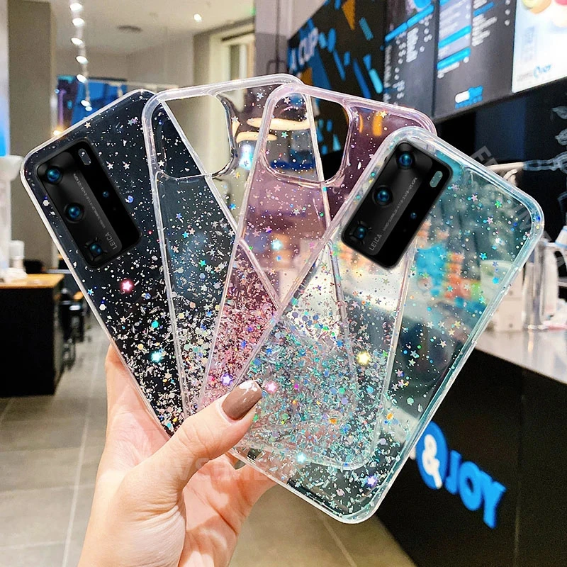 Cute Girl Bling Glitter Stars Cover for Huawei P50 P40 P30 Lite Nova 10 9 SE 8 Mate 50 40 30 20 Pro Soft Silicone Phone Case_voghion.com