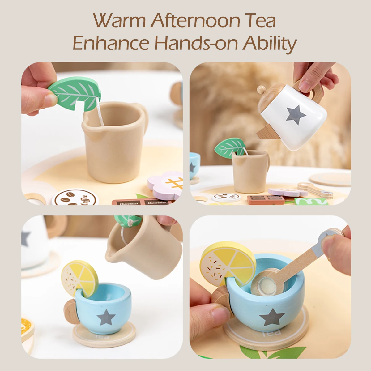 Kids Wooden Tea Set Play House Pretend Make Tea Play With Teapot Teacup Afternoon Snack Role Playing Toys Boys Girls Gift