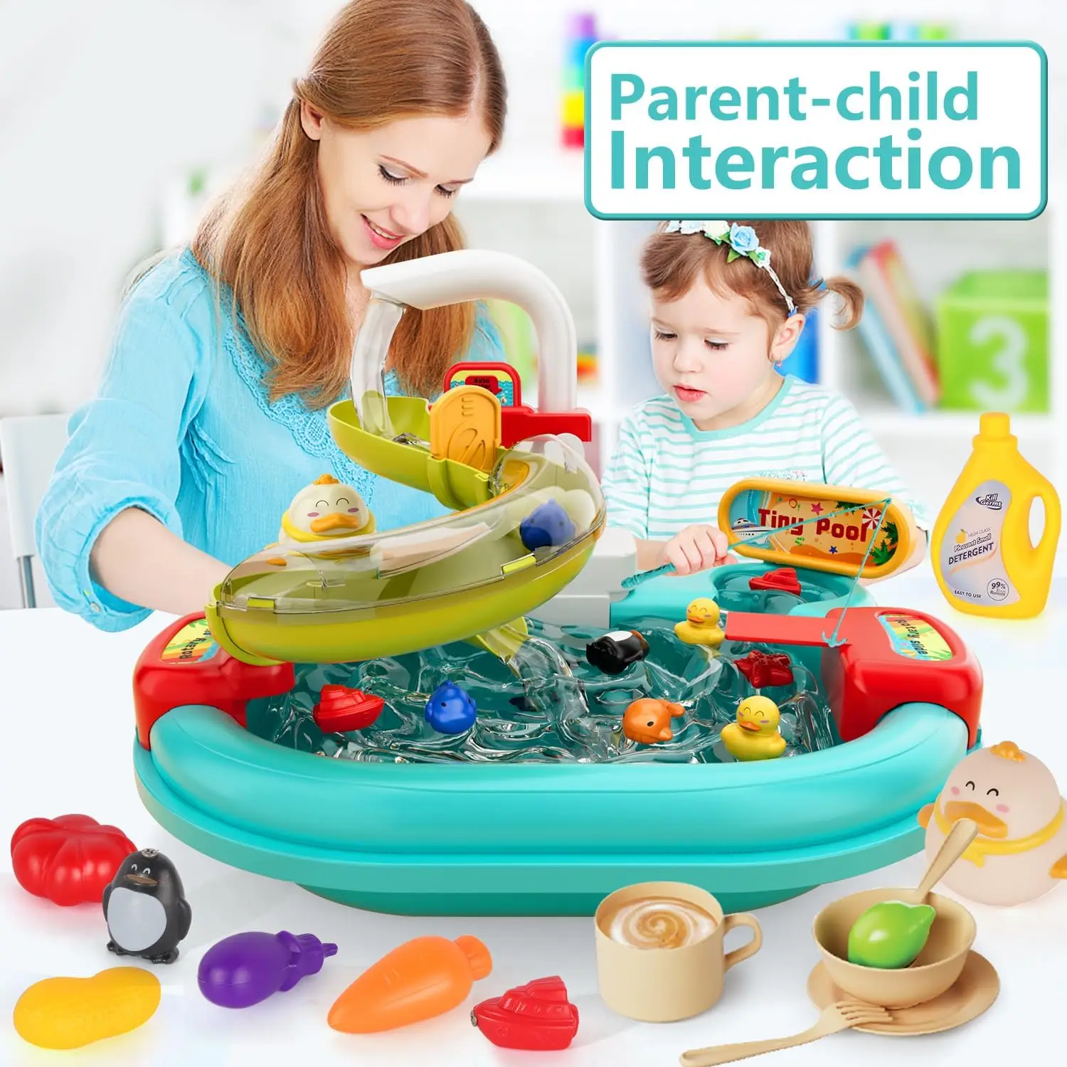 Play Sink with Running Water,3in1 Toddler Kitchen Toys,Water Table,Fishing Set,Track,Pretend Play Kitchen Cleaning Set Water Toy