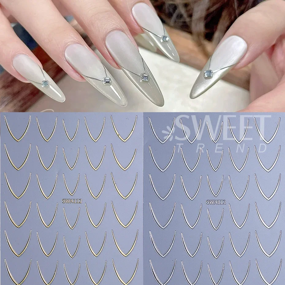 2pcs Gold Silver French Line Nail Stickers V-shaped French Simple Line Charm Foils Arc Design DIY Adhesive Decals Manicure Decor