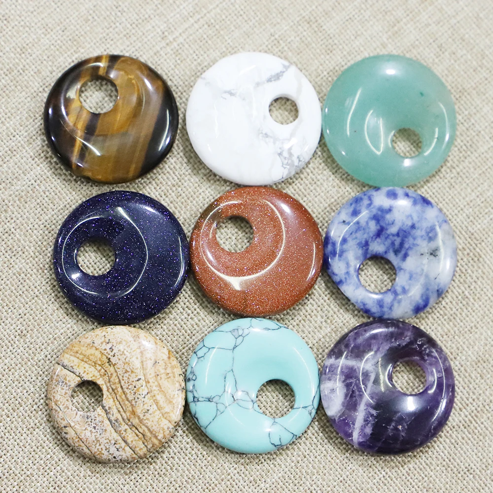 30MM Natural Stone Safety Button Pendant Partial Hole Quartz Crystal Epidote Opal Turquoises Charms Necklace Jewelry Making 6Pcs