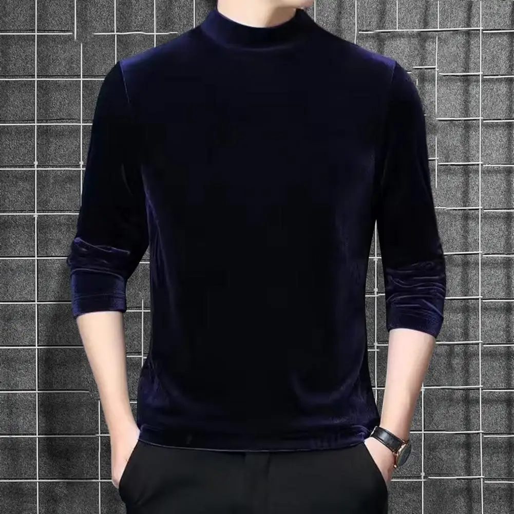 Men's Velvet Top Velvet Slim Fit T-shirt Men's Warm Long-sleeved Pullover Stretch Half Turtleneck Autumn Bottoming Shirt