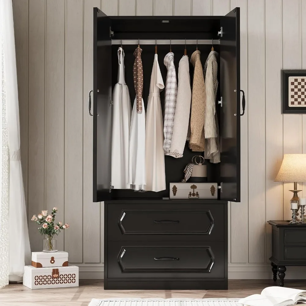 70" Wooden Wardrobe Closet with 2 Doors Drawer, Versatile Clothing Storage Cabinets with Hanging Rod, Black Children's Wardrobes 2