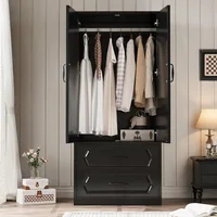 70" Wooden Wardrobe Closet with 2 Doors Drawer, Versatile Clothing Storage Cabinets with Hanging Rod, Black Children's Wardrobes 2