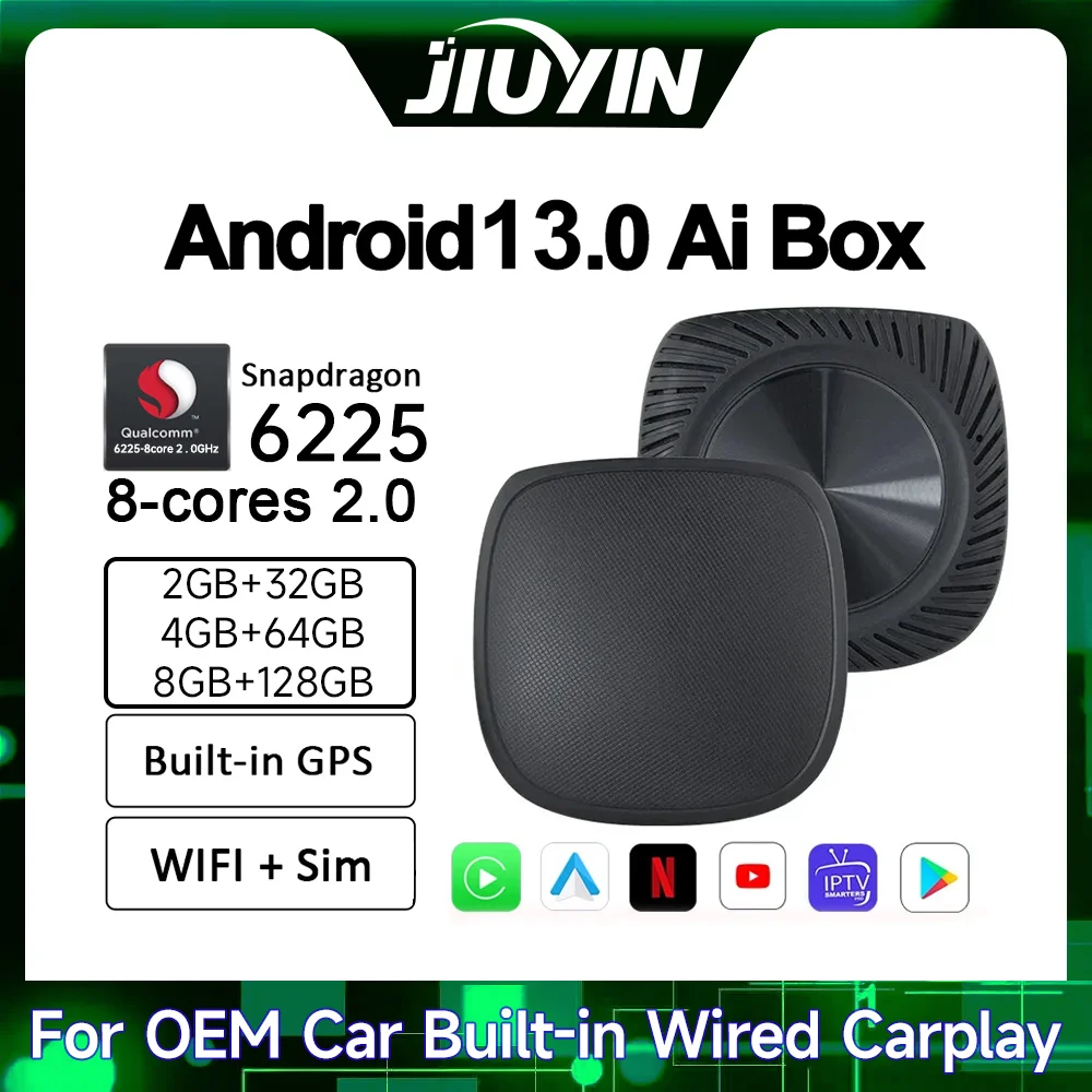 

JIUYIN CarPlay Box Android 13 AI Box QCM6225 8-Core 8G 128G Wireless Carplay Android Auto Streaming Box For YouTube Play Store