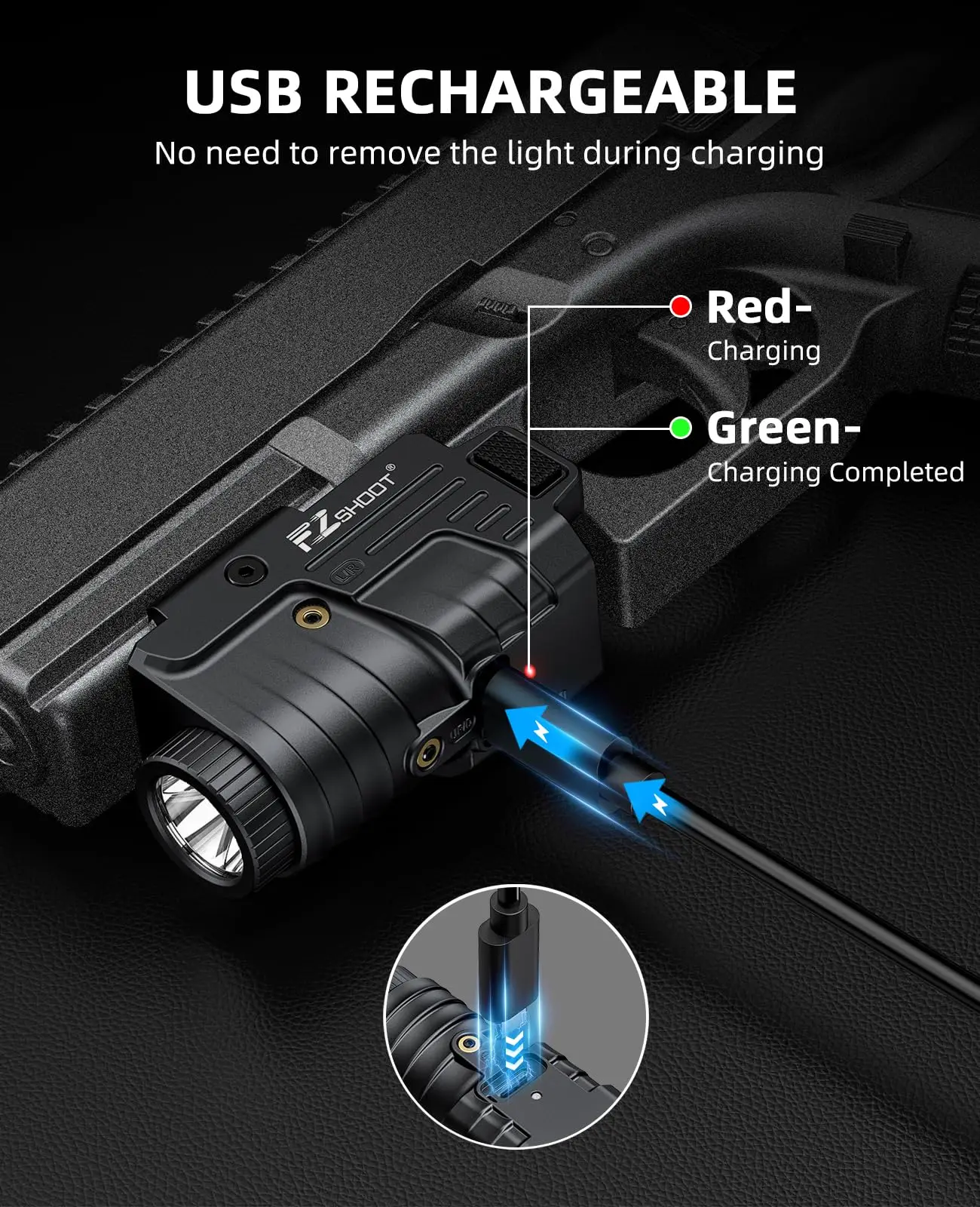 Pistol Flashlight 800 Lumens Rechargeable Compact for Glock Picatinny Rail