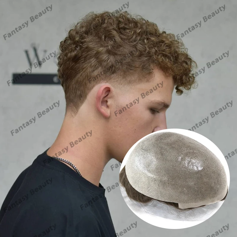 

Super Durable 18mm Curly Men Toupee 0.06mm Thin Skin Full Vlooped Base Ash Blonde Man Hair Prosthesis System Natural Hairline