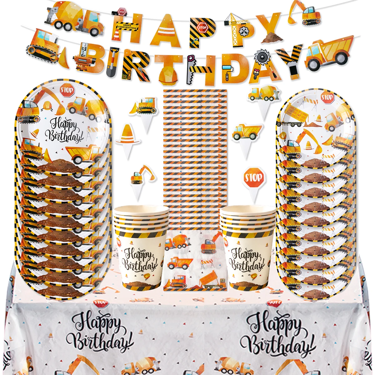 Construction Party Tableware Set – Disposable Plates, Cups, Napkins & Decor